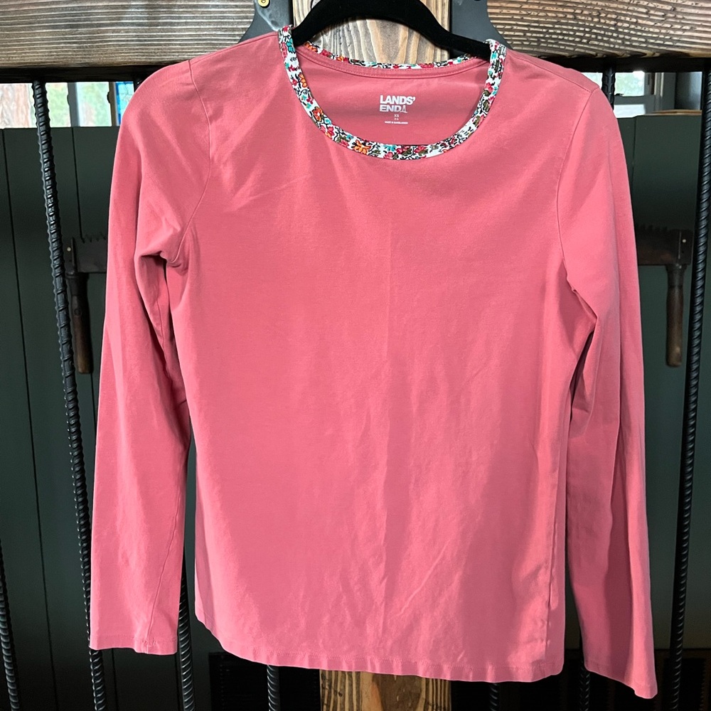 Lands' End Coral Long Sleeve Pajama Top with Floral Trim